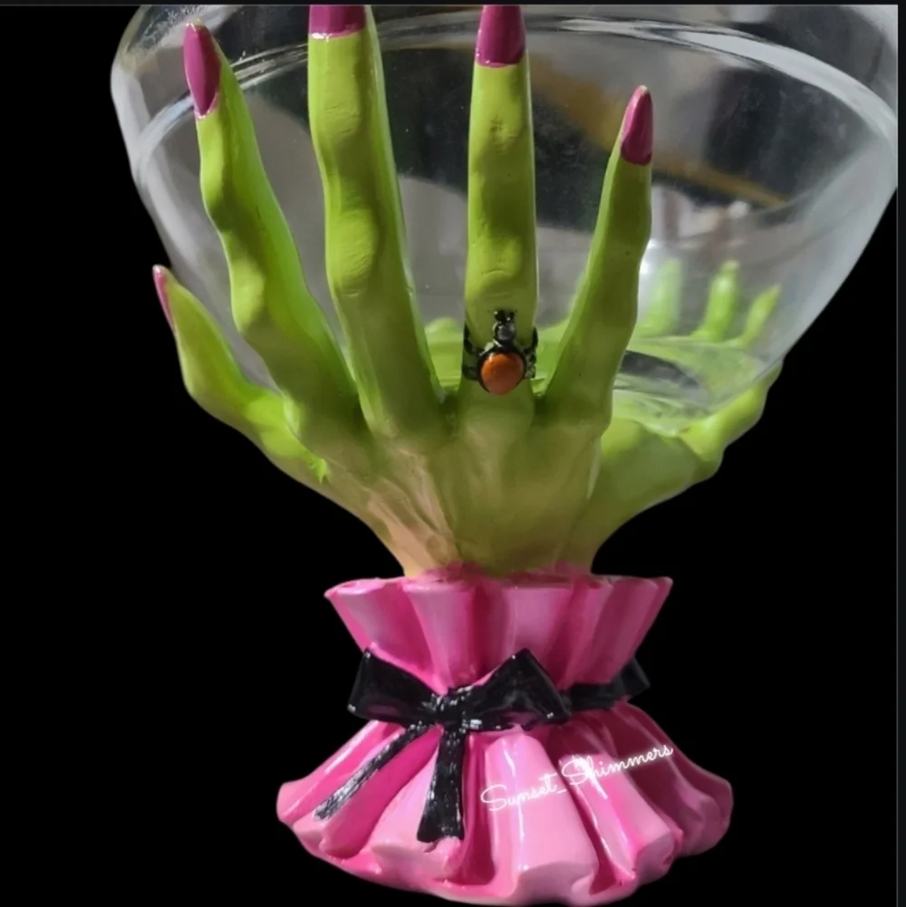 Glam Witch Hands Coquette Bow Halloween Candy Serving Bowl PINK GREEN NEW